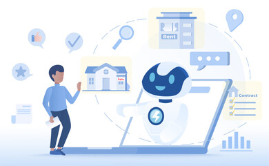 Real estate or mortgage concept. Technology innovation to present and explore property for sale or rent. Digital document, price range, location detail. Flat vector design illustration.