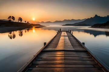 Fototapeta na wymiar sunset on the lake generative by AI technology