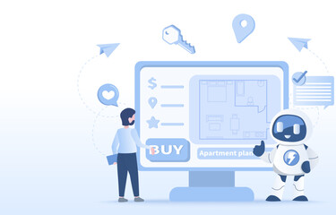 Technology innovation to present and explore property for sale or rent. Showing apartment plan room, price, location, rating, review for comparing. Flat vector design illustration.