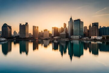 Fototapeta na wymiar city skyline at sunset generative by AI technology