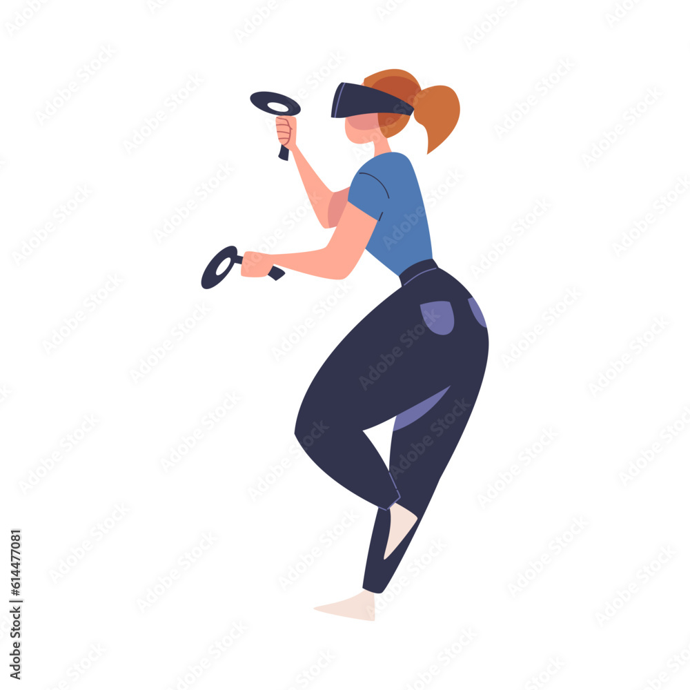 Poster augmented reality with woman character in virtual reality glasses playing game on simulator vector i