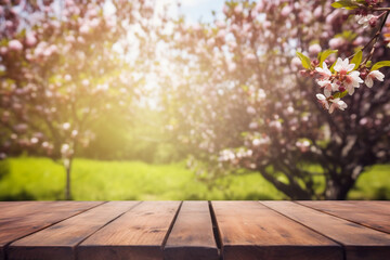 Wooden table in front of spring blooming tree, Spring background, Generative AI