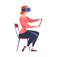 Fototapeta premium Augmented Reality with Woman Character Sitting on Chair in Virtual Reality Glasses Playing Game on Simulator Vector Illustration