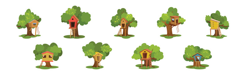 Tree House as Shelter with Ladder Among Green Crown Vector Set