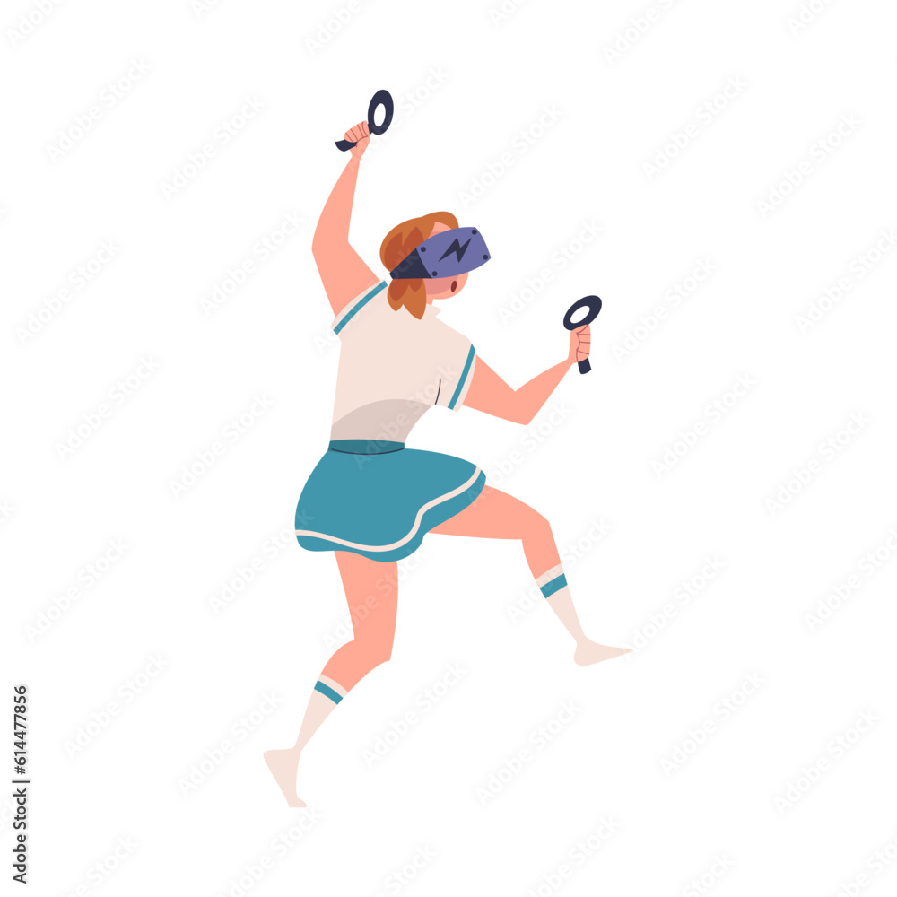 Poster augmented reality with woman character in virtual reality glasses playing game on simulator vector i