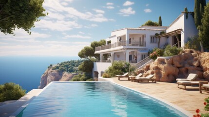 Traditional Mediterranean white house with a swimming pool on the hill with beautiful sea views. summer holiday background