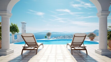 Two deck chairs on the pool terrace with stunning sea views. Traditional Mediterranean white architecture with arches. summer vacation concept