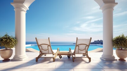 Fototapeta na wymiar Two deck chairs on the pool terrace with stunning sea views. Traditional Mediterranean white architecture with arches. summer vacation concept