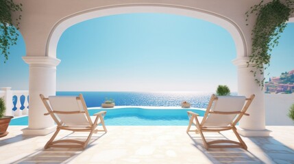Two deck chairs on the pool terrace with stunning sea views. Traditional Mediterranean white architecture with arches. summer vacation concept