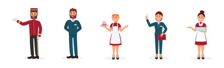 Man and Woman Hotel Staff with Maid, Doorman and Waitress Vector Set