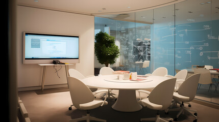 Fototapeta na wymiar modern interior of an office conference room with a big screen on the wall and designer swivel chairs with a round table