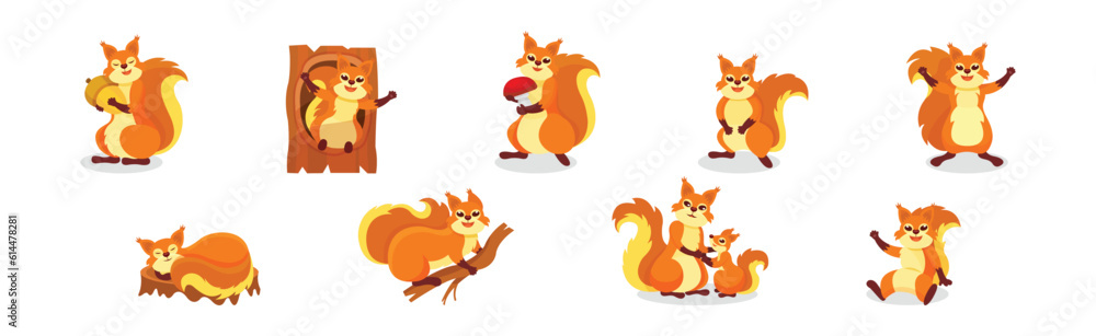 Poster cute red squirrel character with bushy tail engaged in different activity vector set