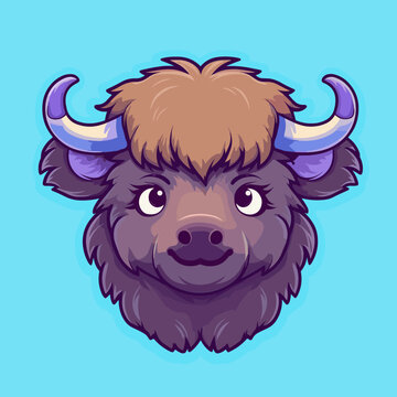 recommend clip art: Buffalo. Cute little cartoon kawaii anime character. domestic Pet. wild  Animal. Flat vector illustration clipart for children