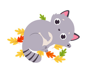 Funny Autumn Grey Cat Lying Among Foliage and Leaf Vector Illustration