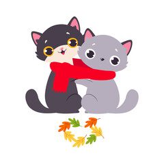 Funny Autumn Cat Sit Together Tied with Red Scarf Vector Illustration