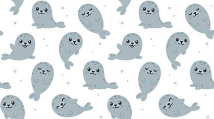 Cute cartoon grey seals seamless pattern