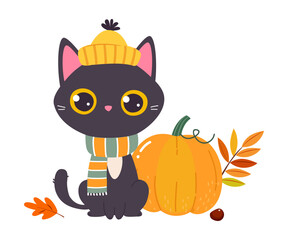 Funny Autumn Black Cat in Hat and Scarf Sit Near Pumpkin Vector Illustration