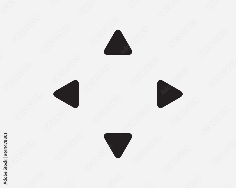 Poster up down left right arrow icon. four direction navigation zoom in out triangle black white sign symbo