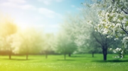 Beautiful, blurred spring background nature with blooming glade, trees and blue sky on a sunny day, Generative Ai