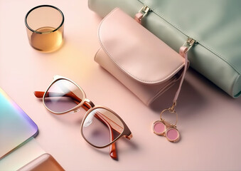 An elegant pair of glasses rests on a soft pink surface next to a small, elegant purse with a delicate charm. A candle and a gradient color notebook add warmth and sophistication to the scene. AI 