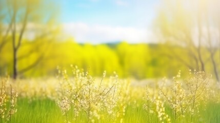 Fototapeta na wymiar Beautiful, blurred spring background nature with blooming glade, trees and blue sky on a sunny day, Generative Ai