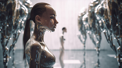 Fototapeta na wymiar a robot or a woman half a robot with mechanical technological body parts and upgrades, transhumanism cyborg and artificial intelligence,