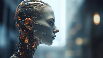 a robot or a woman half a robot with mechanical technological body parts and upgrades, transhumanism cyborg and artificial intelligence, © wetzkaz