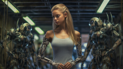 Fototapeta na wymiar a robot or a woman half a robot with mechanical technological body parts and upgrades, transhumanism cyborg and artificial intelligence,