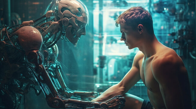 a robot or a man half a robot with mechanical technological body parts and upgrades, transhumanism cyborg and artificial intelligence,