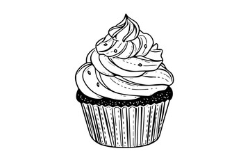 Cupcake in engraving style. Ink sketch isolated on white background. Hand drawn vector illustration.