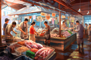 Vibrant Seafood Display at the Market. Generative AI