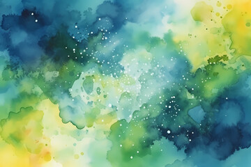 Emerald green and yellow watercolor space background. View of universe with copy space. Nebula illustration.