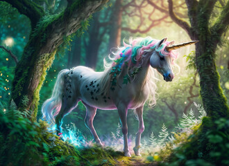 Illustration Concept Art of A White Female Unicorn in A Forest.  Selective Focus, Blurred Foreground and Background.
