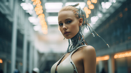 a robot or a woman half a robot with mechanical technological body parts and upgrades, transhumanism cyborg and artificial intelligence,