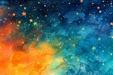 Fototapeta na wymiar Colorful blue and yellow red watercolor space background. View of universe with copy space. Nebula illustration.