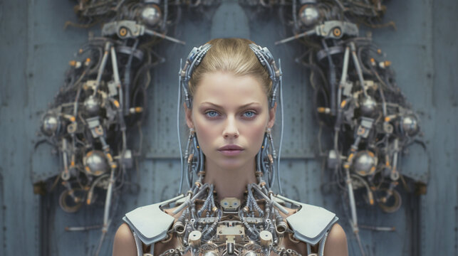 a robot or a woman half a robot with mechanical technological body parts and upgrades, transhumanism cyborg and artificial intelligence,
