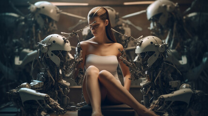 Obraz na płótnie Canvas a robot or a woman half a robot with mechanical technological body parts and upgrades, transhumanism cyborg and artificial intelligence,