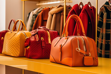 Women's handbags in boutiques. AI technology generated image