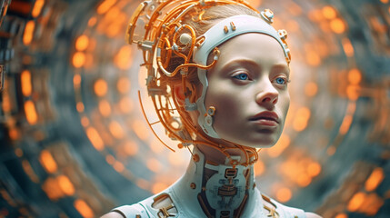 a robot or a woman half a robot with mechanical technological body parts and upgrades, transhumanism cyborg and artificial intelligence,