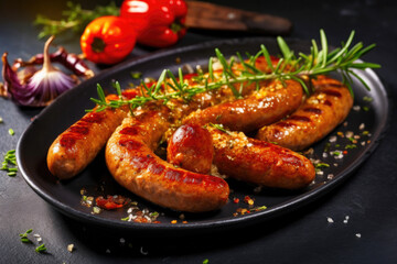 Flavorful Grilled Sausages with Exquisite Seasonings on a Slate Platter. Generative AI