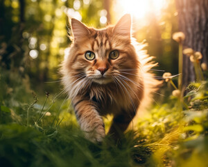 Obraz premium Cute cat walks in nature. Generative AI.