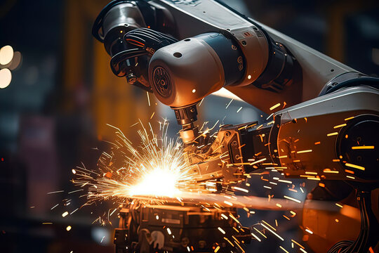 Welding robots are welding parts. AI technology generated image