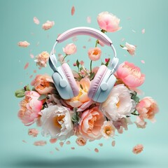 Explosive colorful blooms: pastel rose petals and artificial flowers surrounding a pair of headphones in a stylish floral design