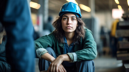 a young adult woman works in industry, fictitious, in dirty work clothes, hard job, work as a craft or industrial worker, in a warehouse or production hall, fictitious place - obrazy, fototapety, plakaty