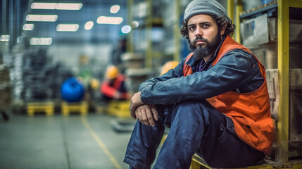 Fototapeta na wymiar a young adult man works in industry, fictitious, in dirty work clothes, hard job, work as a craft or industrial worker, in a warehouse or production hall, fictitious place