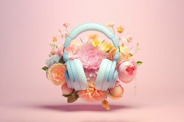 A burst of color: delightful pink blooms and joyful headphones exploding in pastel petals