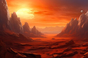 Naklejka premium In the Depths of Mars: A Red Sky Over Rocky Terrain. Generative AI