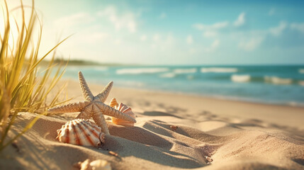 Sandy beach with starfish and shells, sea, ocean, blue water and sunshine, closeup ground view