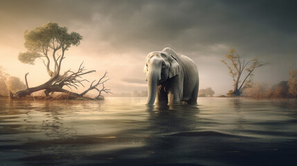 rising sea levels and climate catastrophes frail elephant moves through high water and flooded region, fictional