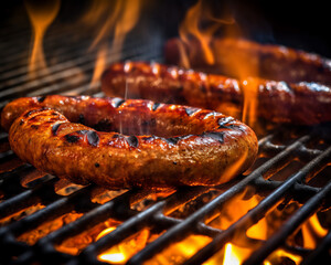 Fried sausages on the grill. Generative AI.